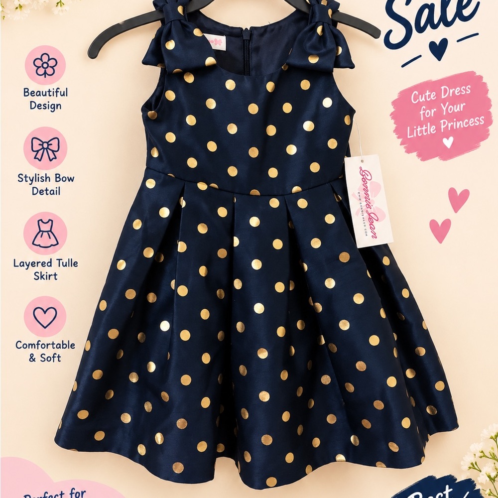 Bonnie Jean Navy and Gold Polka Dot Formal Dress with Bow Straps